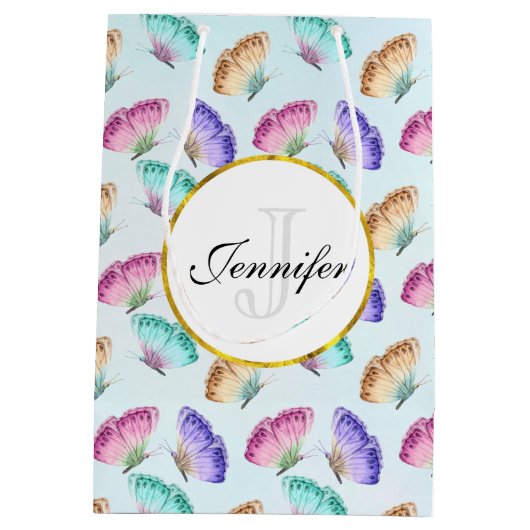 パステルかわいらしウォーターカラーバタフライパターン ミディアムペーパーバッグ (裏面)