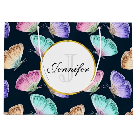 パステルかわいらしウォーターカラーバタフライパターン ラージペーパーバッグ (正面)