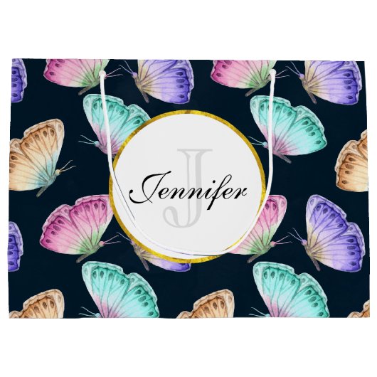 パステルかわいらしウォーターカラーバタフライパターン ラージペーパーバッグ (裏面)