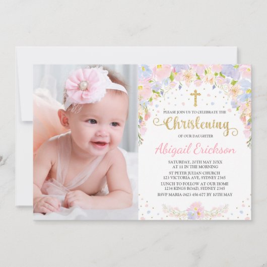 パステルかわいらしウォーターカラーフローラガール《キリスト教》洗礼式や命名式 招待状 (正面)