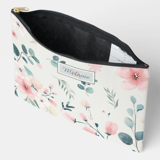 パステルかわいらしウォーターカラーフローラパーソナライズされた アクセサリーポーチ (見開き)
