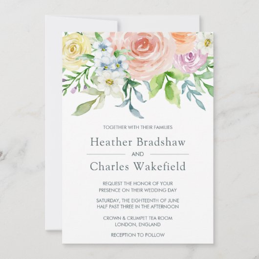 パステルかわいらしウォーターカラーフローラ結婚ズ 招待状 (正面)