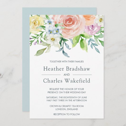 パステルかわいらしウォーターカラーフローラ結婚ズ 招待状 (正面/裏面)