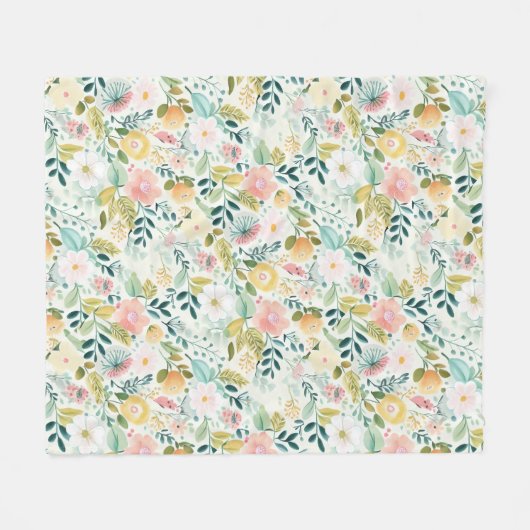 パステルかわいらしウォーターカラーフローラ フリースブランケット (正面(横))