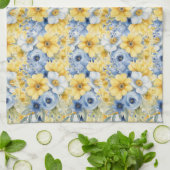 パステルかわいらしウォーターカラーブルー黄色の花 キッチンタオル (折り畳み)