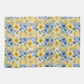 パステルかわいらしウォーターカラーブルー黄色の花 キッチンタオル (横)