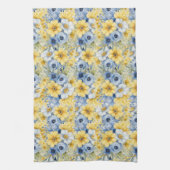 パステルかわいらしウォーターカラーブルー黄色の花 キッチンタオル (縦)