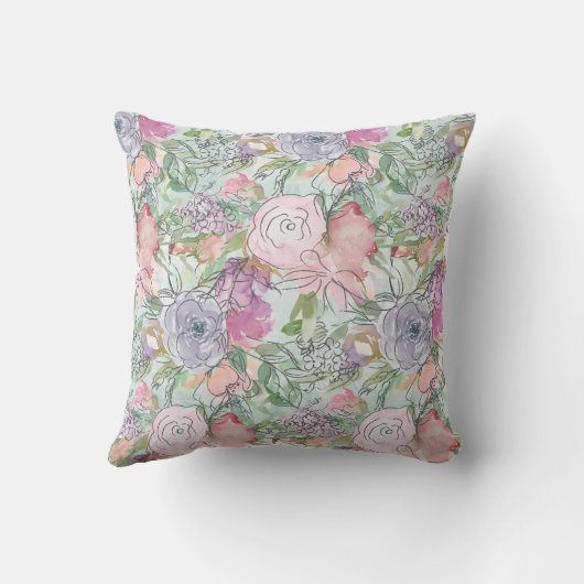 パステルかわいらしウォーターカラーラインアートフラワーズ クッション (裏面)