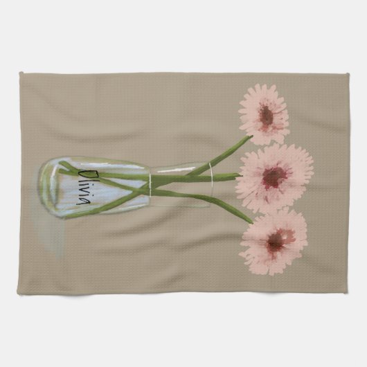 パステルかわいらしゲルベラフラワー+名前をカスタムする キッチンタオル (横)