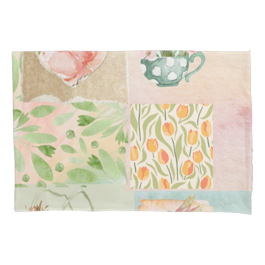 パステルかわいらしコラージュ背景植物模様 枕カバー (正面)