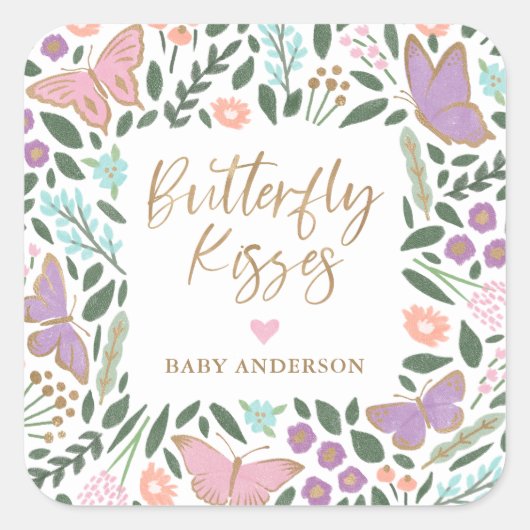 パステルかわいらしバタフライキスベビーシャワー スクエアシール (正面)