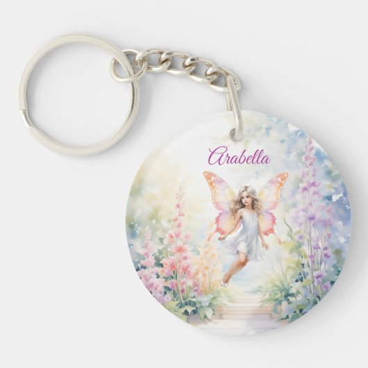 パステルかわいらしバタフライフェアリーインフラワーガーデン キーホルダー (正面)