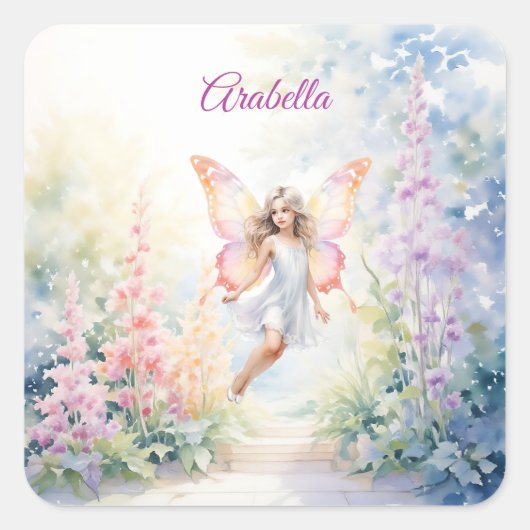 パステルかわいらしバタフライフェアリーインフラワーガーデン スクエアシール (正面)