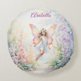 パステルかわいらしバタフライフェアリーインフラワーガーデン ラウンドクッション