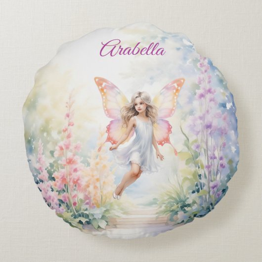 パステルかわいらしバタフライフェアリーインフラワーガーデン ラウンドクッション (裏面)