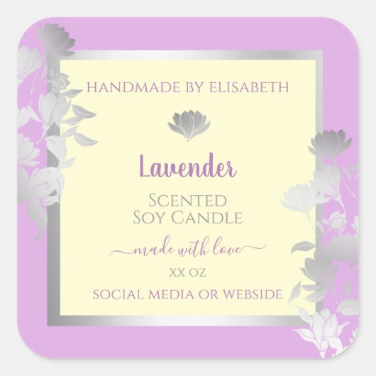 パステルかわいらしパープルクリーム製品ラベルシルバー スクエアシール (正面)