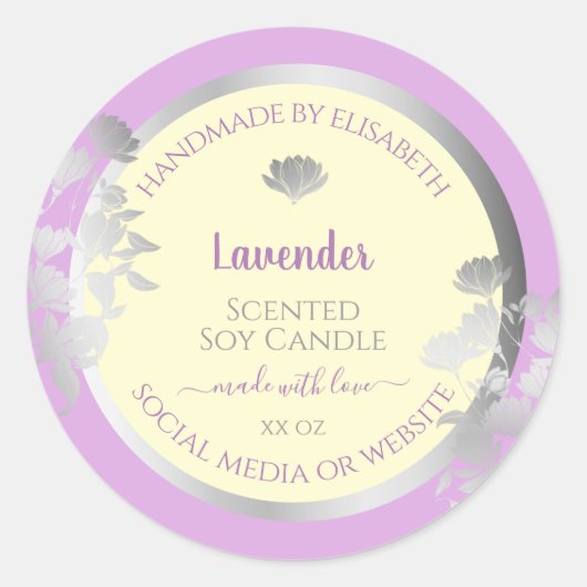 パステルかわいらしパープルクリーム製品ラベルシルバー ラウンドシール (正面)