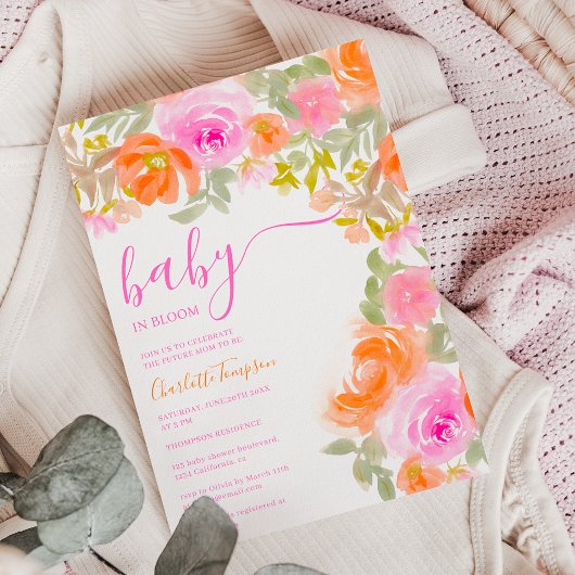 パステルかわいらしピンクオレンジ開花フローラ赤ちゃんシャワー 招待状