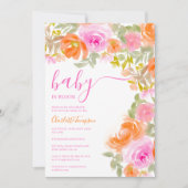 パステルかわいらしピンクオレンジ開花フローラ赤ちゃんシャワー 招待状 (正面)