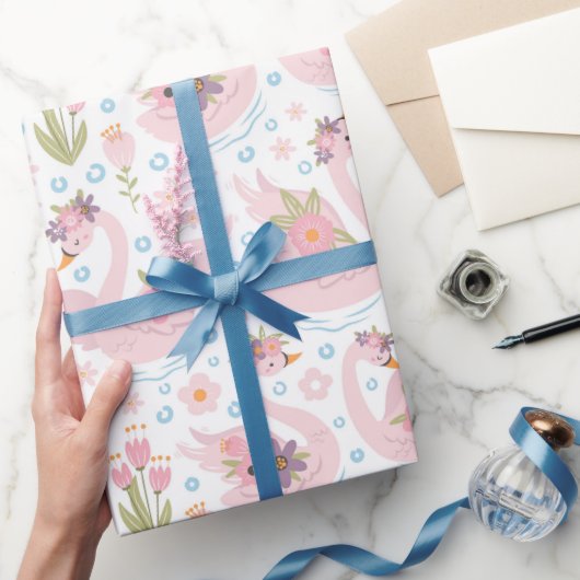 パステルかわいらしピンクスワンパターン ラッピングペーパー (ギフト)