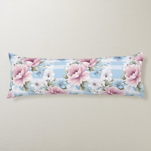 パステルかわいらしピンクホワイトブルー水彩花 ボディピロー (正面)