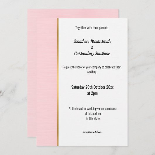 パステルかわいらしピンク金ゴールドトリム招待状 招待状 (正面/裏面)