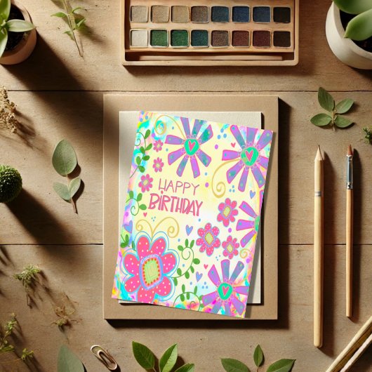 パステルかわいらしフローラハッピーバースデートレンディー カード