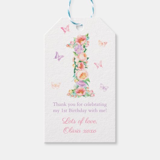 パステルかわいらしフローラバタフライ1st誕生日パーティー ギフトタグ (正面)
