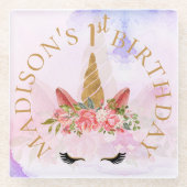 パステルかわいらしフローラユニコーン誕生日パーティーの好意 ガラスコースター (正面)