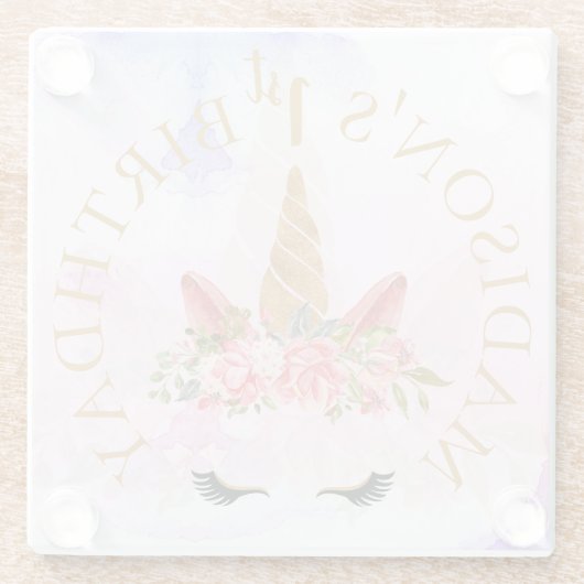 パステルかわいらしフローラユニコーン誕生日パーティーの好意 ガラスコースター (裏面)