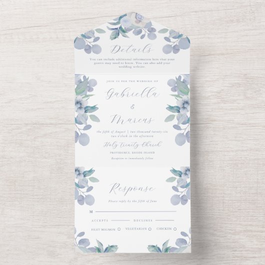 パステルかわいらしブルーウォーターカラーフローラ結婚ズ オールインワン招待状 (内側)