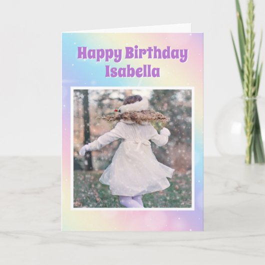 パステルかわいらしレインボーカスタム誕生日ガールフォト カード (正面)