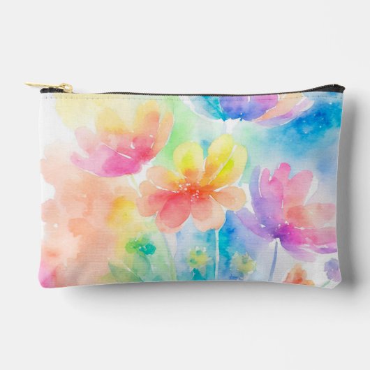 パステルかわいらしレインボーカラーフローラ水彩 アクセサリーポーチ (正面)