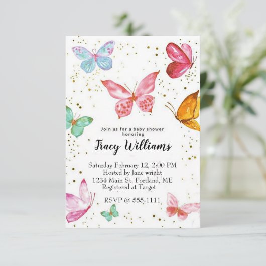 パステルかわいらし蝶の赤ちゃんシャワー招待 招待状 (スタンド正面)