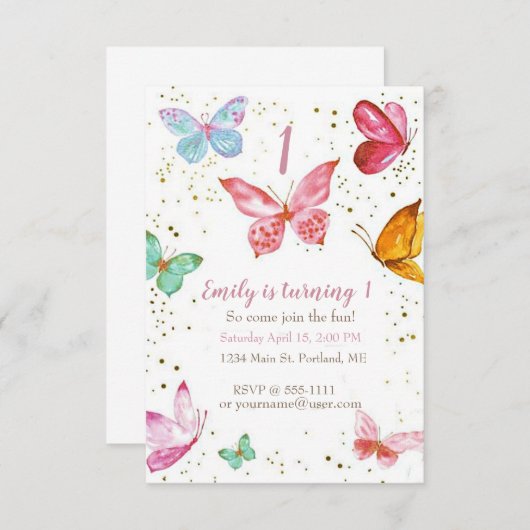 パステルかわいらし蝶ベビー誕生日パーティー 招待状 (正面/裏面)