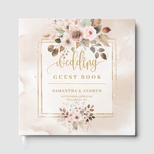 パステルとゴールドのオータム フローラル ウェディング ゲストブック (正面)