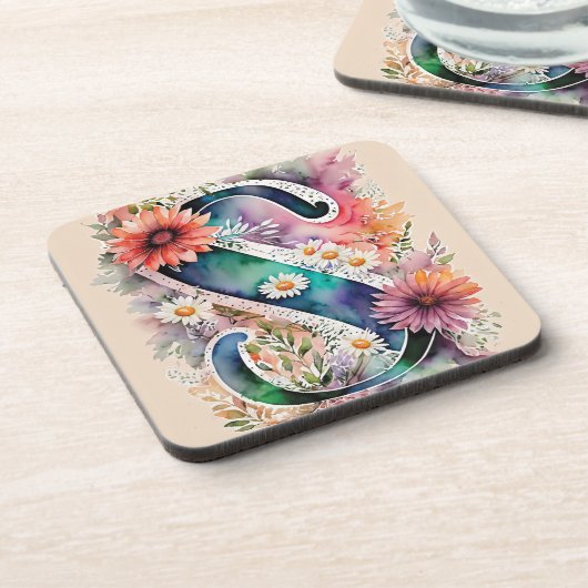 パステルと宝石トーン水色フラワーズモノグラム コースター (左側)