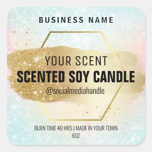 パステルと金ゴールドヘキサグラム香り大豆キャンドルラベル スクエアシール (正面)