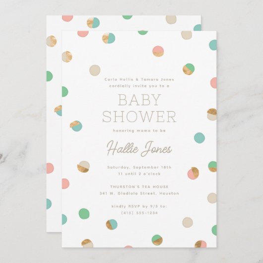 パステルと銅フェイク水玉模様ベビーシャワー 招待状 (正面/裏面)