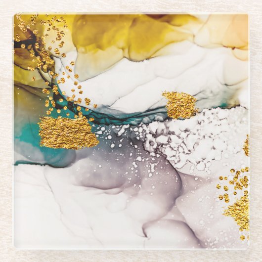 パステルの優しさ：黄金の渦巻きアート。 ガラスコースター (正面)