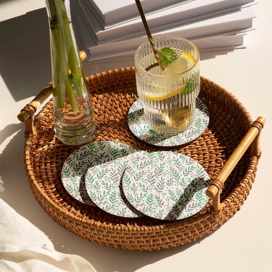 パステルの水色の枝は紫と緑 ラウンドペーパーコースター