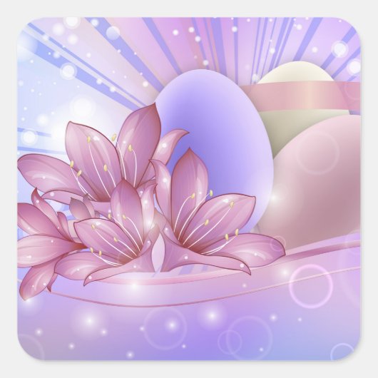 パステルの背景に花や卵をカラフル スクエアシール (正面)