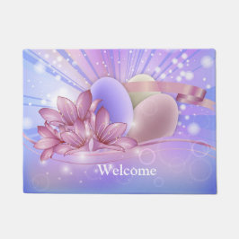 パステルの背景に花や卵をカラフル ドアマット