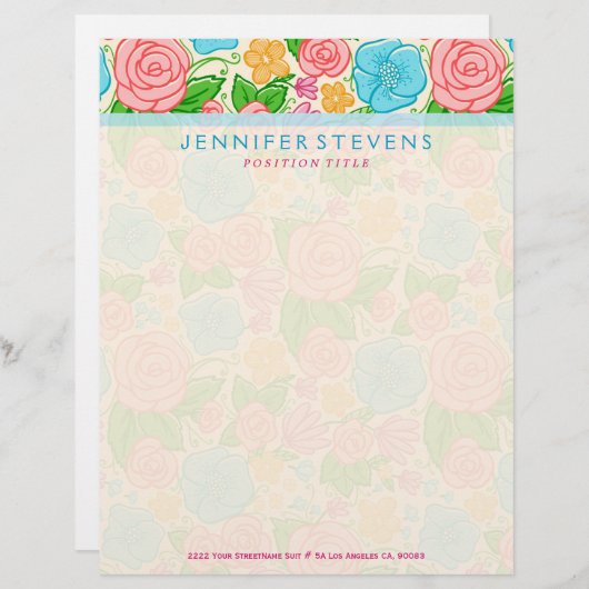 パステルの花とバラでピンク色とベージュ レターヘッド (正面/裏面)