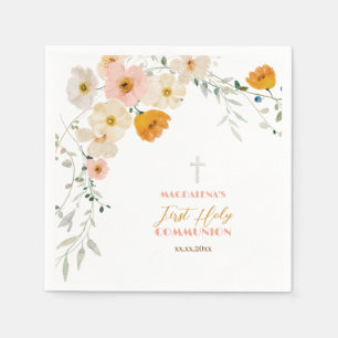 パステルの花と緑の最初の聖餐式 スタンダードカクテルナプキン