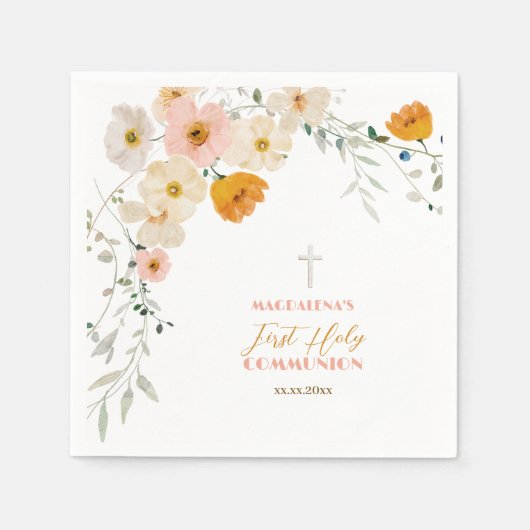 パステルの花と緑の最初の聖餐式 スタンダードカクテルナプキン (正面)