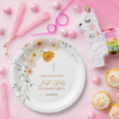 パステルの花と緑の最初の聖餐式 ペーパープレート (パーティー)