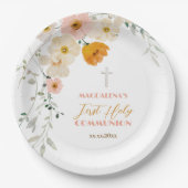 パステルの花と緑の最初の聖餐式 ペーパープレート (正面)