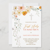 パステルの花と緑の最初の聖餐式 招待状 (正面)