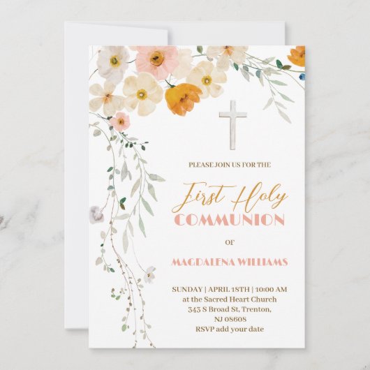 パステルの花と緑の最初の聖餐式 招待状 (正面)